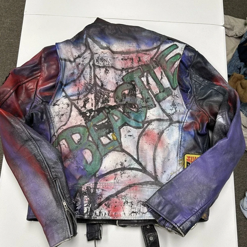 Vintage Leather Biker Jacket Mens XL Black Purple Fair Custom Spray Paint Punk